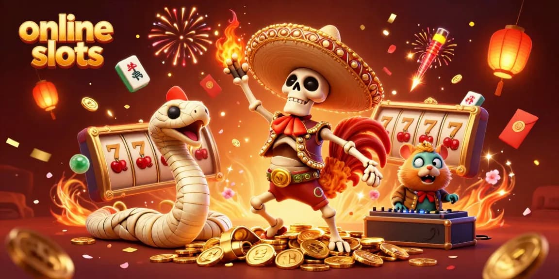 Experience thrilling online slots with a vibrant celebration scene featuring animated characters.