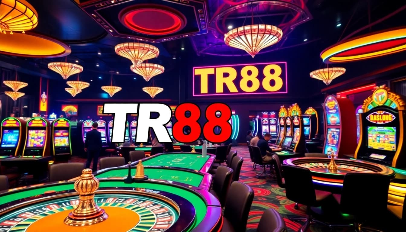 Engage with TR88 link at a luxury casino, showcasing vibrant slot machines and excited players.