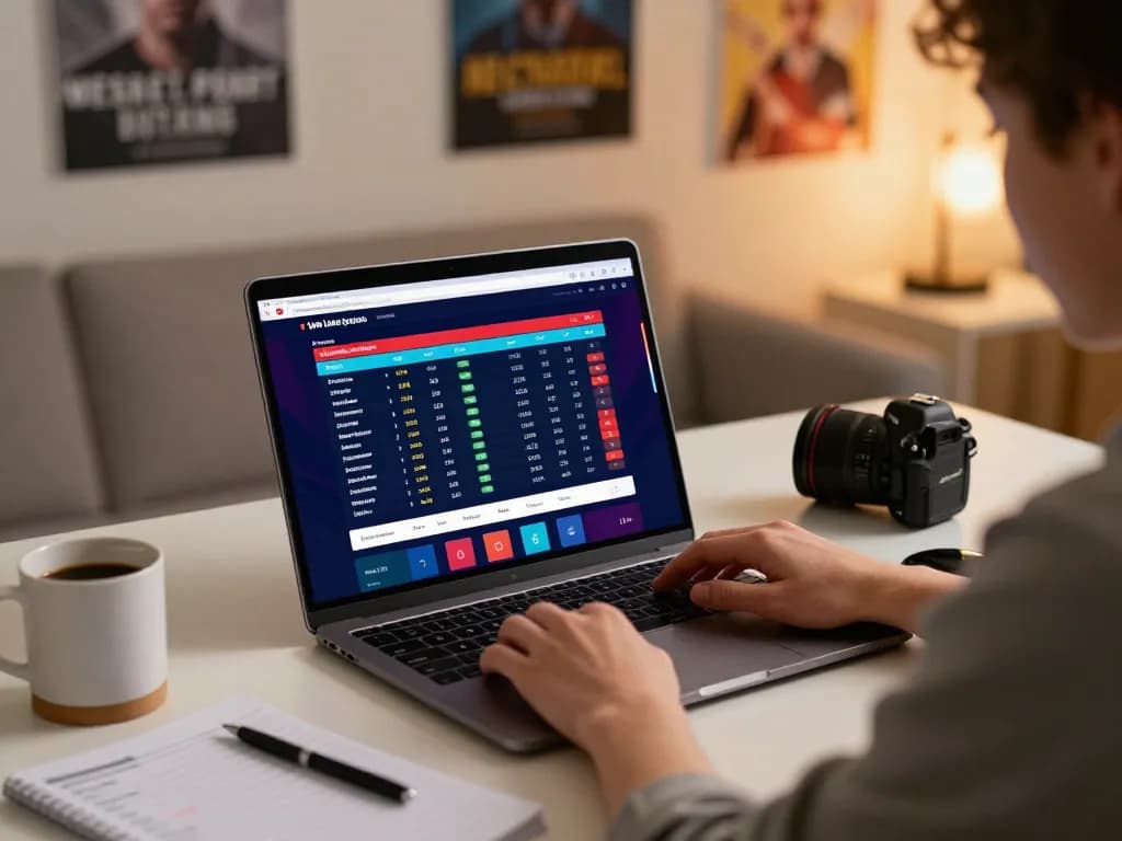 Analyzing tỷ lệ cá cược bóng đá odds on a laptop in a modern home office setting.