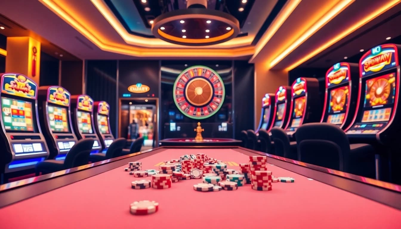 Experience thrilling gameplay with sepuhplay link in a luxurious casino setting featuring vibrant slots and a roulette wheel.