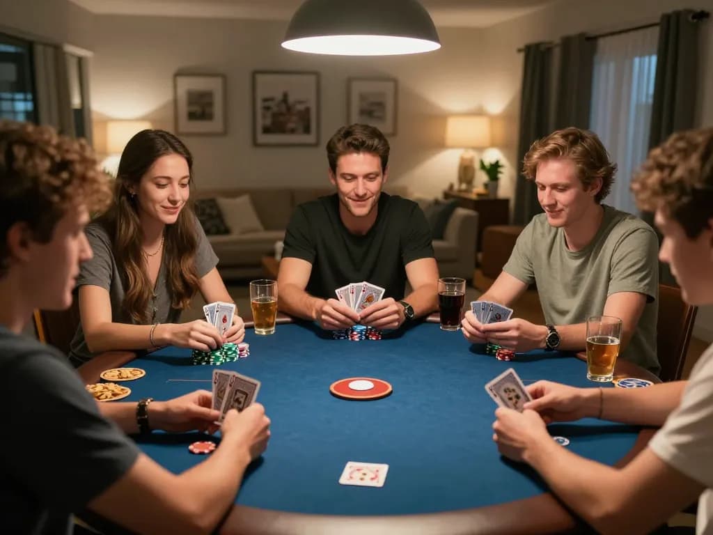 Friends enjoying an exciting poker night at home, showcasing LC88 spirit with strategic gameplay and lively atmosphere.