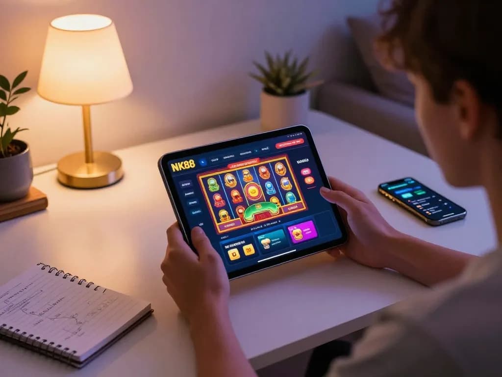 Engaging online gaming experience on NK88 app showcasing vibrant slots and poker games in a cozy home environment.