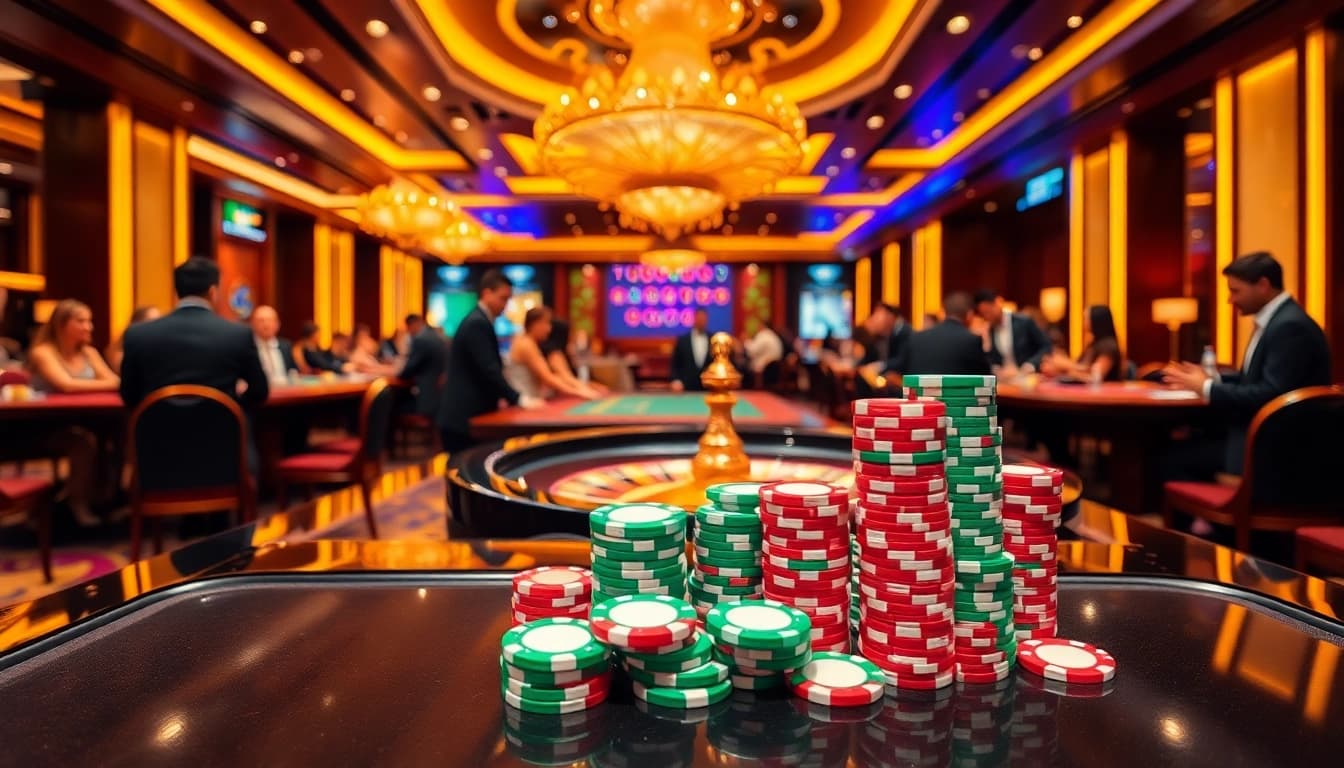 Players engaging in high-stakes poker and roulette at NK88's luxurious casino floor.