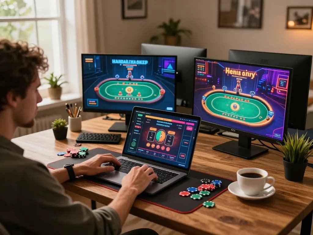 Engaging in online casino gameplay on vipwin, vibrant poker chips and a cozy workspace create an inviting gambling atmosphere