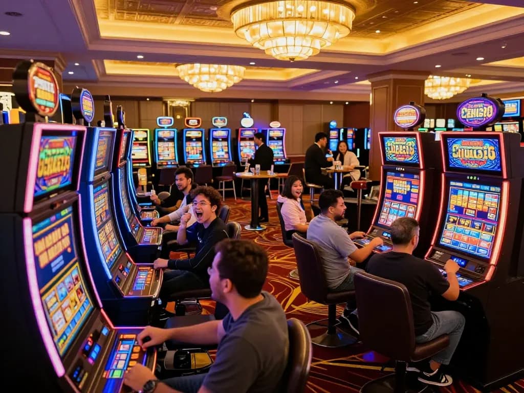 Pemain berinteraksi dengan mesin slot starplay88 di kasino yang ramai, tampilan LED yang cerah meningkatkan kegembiraan.