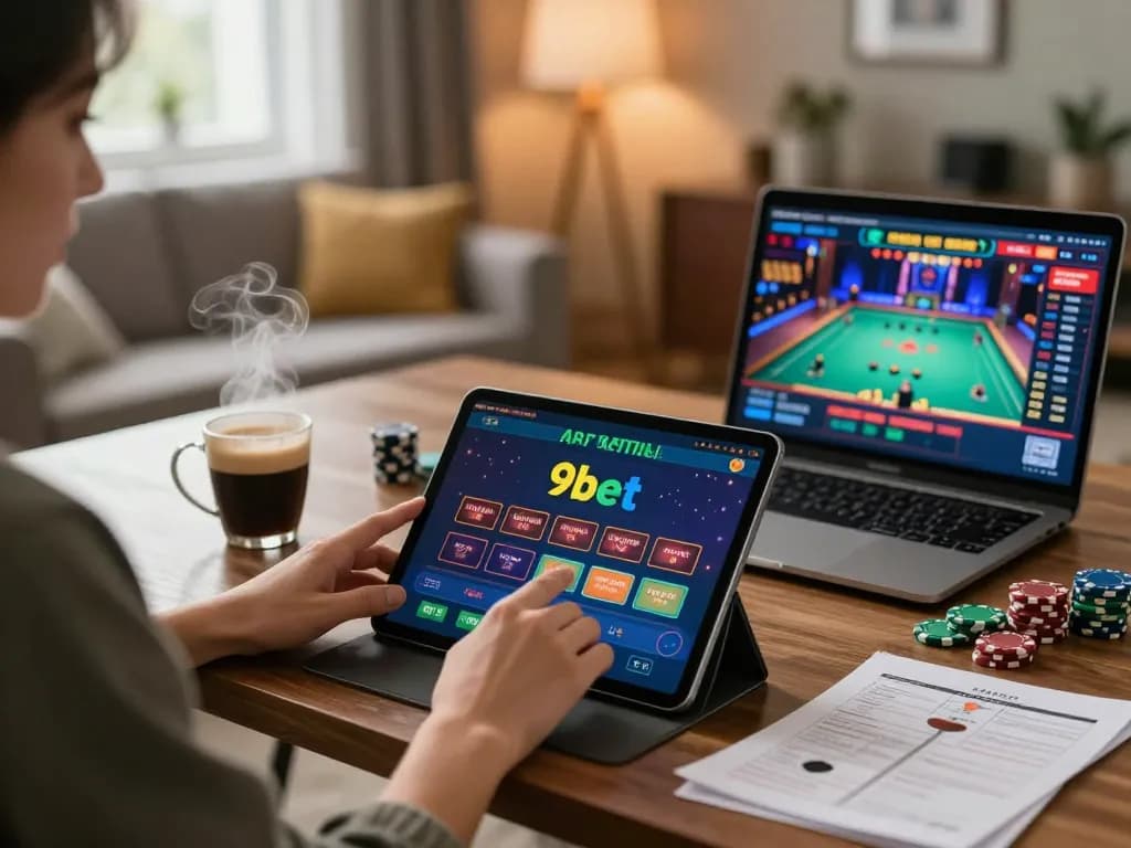 Player enjoying the 9bet online casino experience on tablet with poker chips and notes