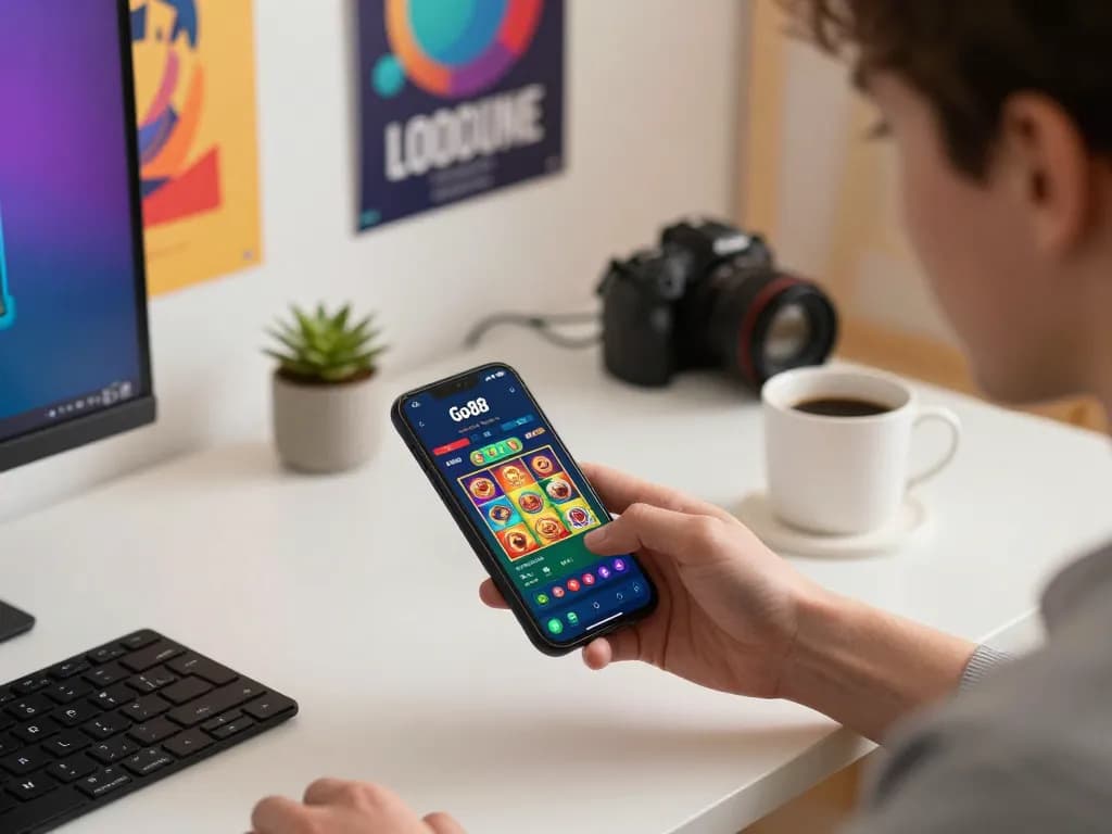 Engaging in thrilling online slots gameplay while tải go88 on smartphone in cozy home office.