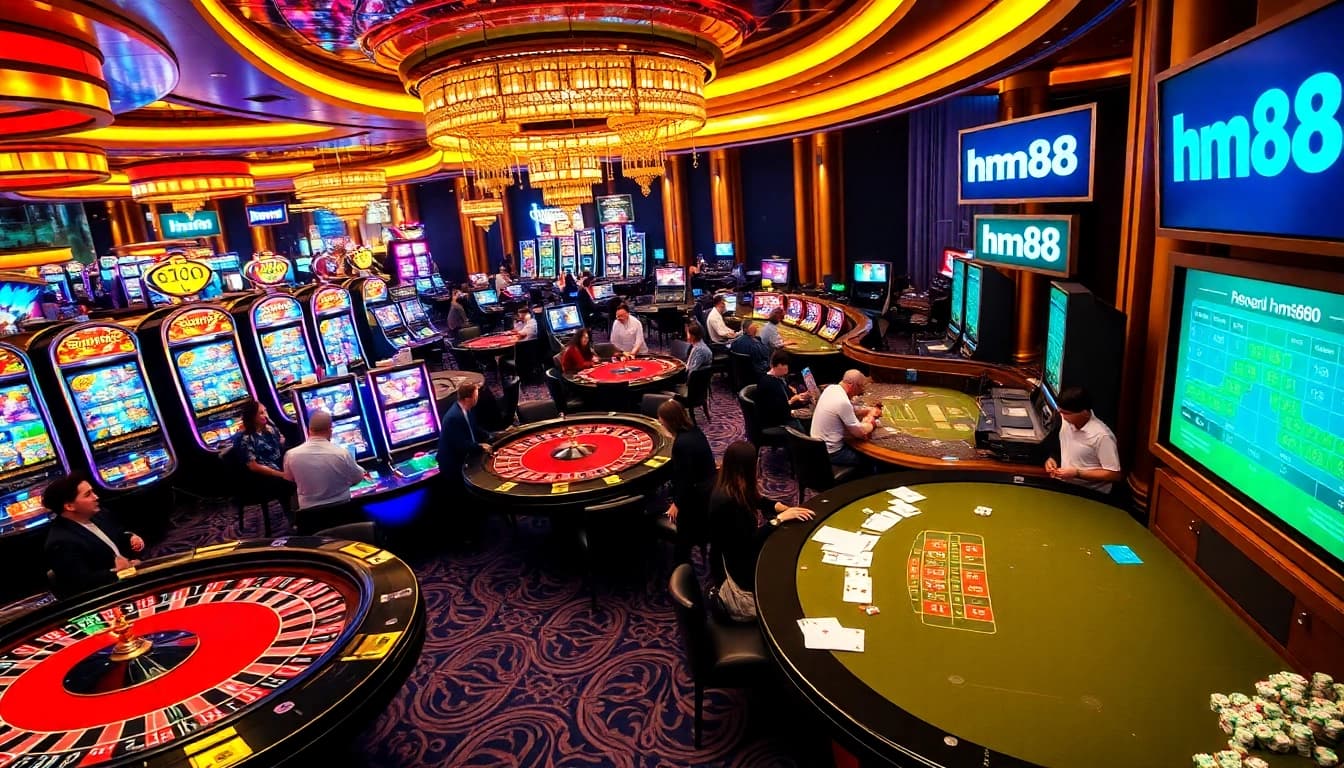 Players enjoying games at HM88 casino with vibrant tables and slots in action.