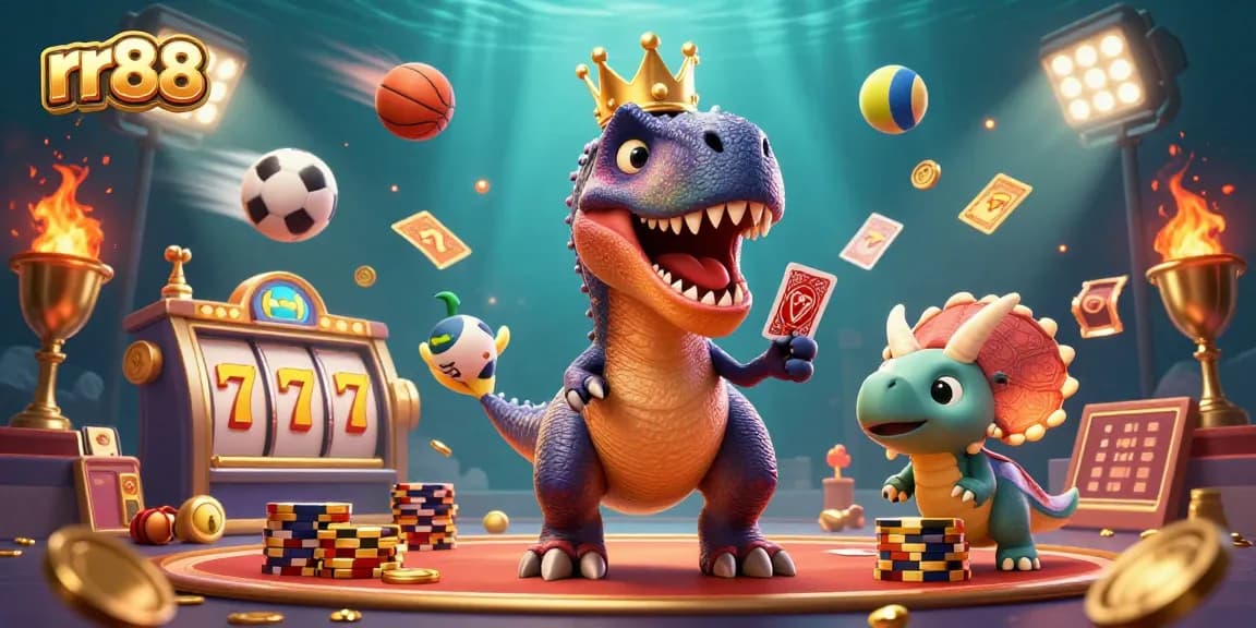 RR88 engaging casino scene with T-Rex, pterodactyl, and triceratops playing cards and stacking chips.