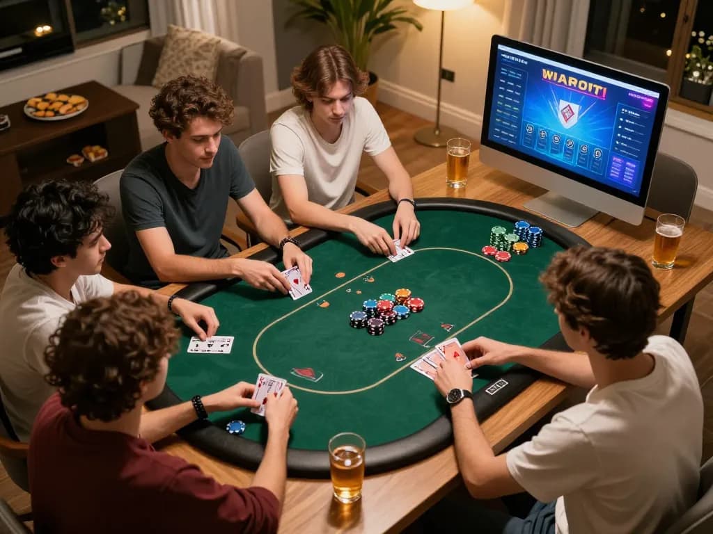 Participating in RR88 KJC online poker with friends at home, showcasing vibrant gameplay atmosphere.