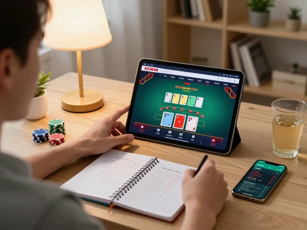 Player enjoying kkwin.com live blackjack on tablet in a cozy home setting with strategic notes