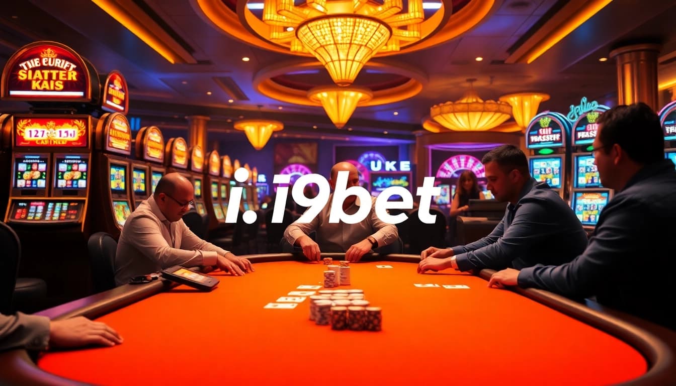 I9bet casino scene showcasing vibrant poker action and glamorous slot machines.