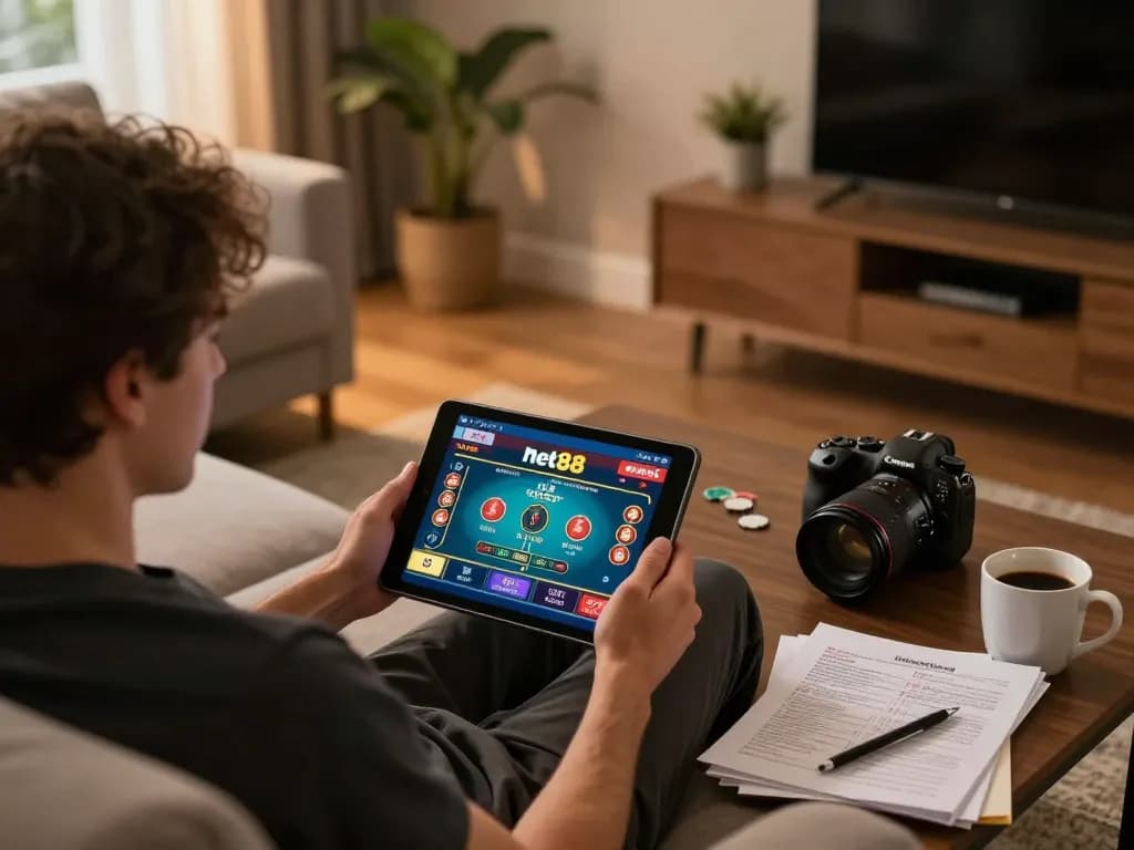 Player engaging in online gaming at net88 on tablet in a cozy home setting