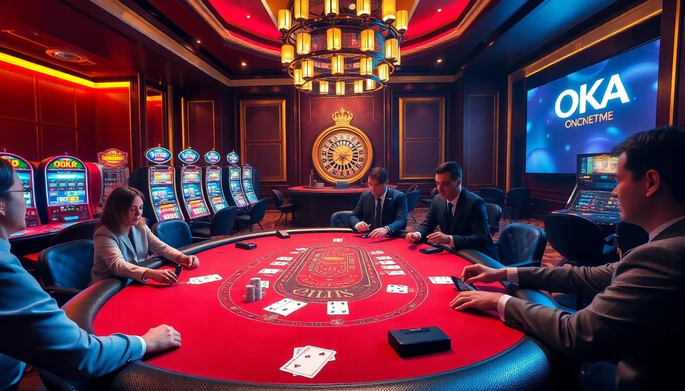 Players enjoying a high-stakes game at OKATM's elegant casino table with vibrant slot machines.