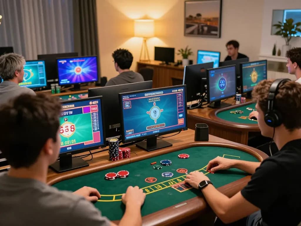 Players engaging in strategic blackjack gameplay online at nk88 casino from home with vibrant screens and warm atmosphere.