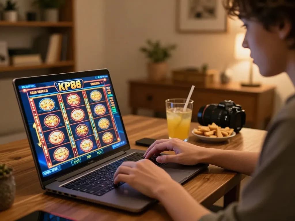 Engaging in KP88 online slots with a laptop at home, showcasing vibrant gaming experience.