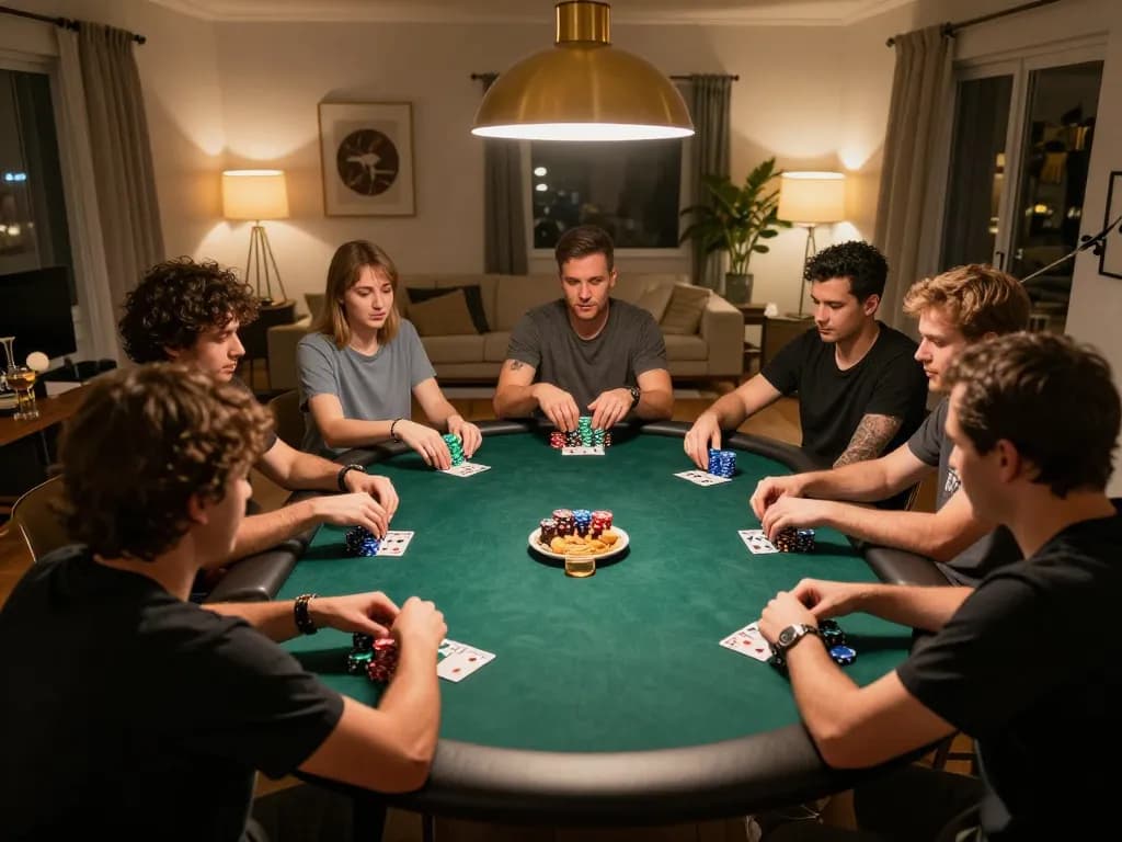 Engaged players participate in a thrilling poker game, enhancing their bet789 strategies in a cozy home environment