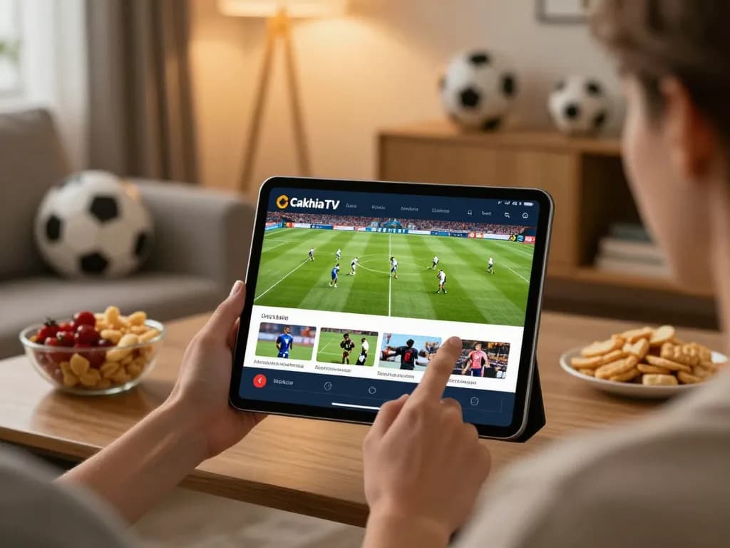 Engaging in a thrilling football stream Cakhiatv on a tablet with live match updates and a competitive atmosphere.