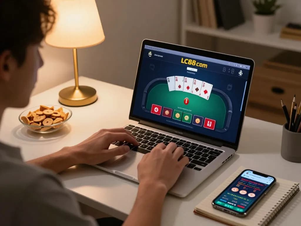 Player engaging in online gaming on LC88 com with strategic elements in a cozy home office.