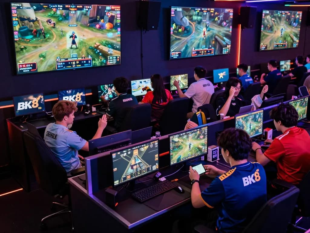 Fans passionately betting on esports matches at BK8's lively arena with vibrant lighting.