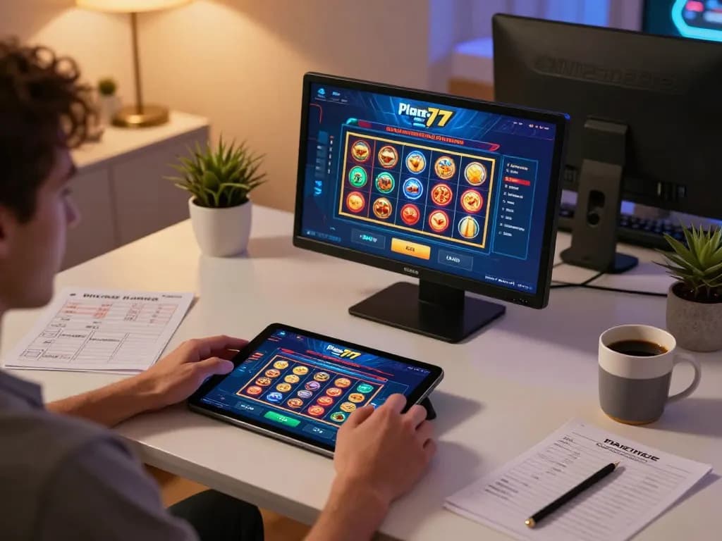 Berinteraksi dengan antarmuka kasino online Planet 77 selama sesi permainan santai di rumah.