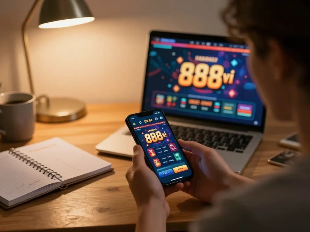 Player enjoying 888vi app at home, engaging with the casino game in cozy lighting.