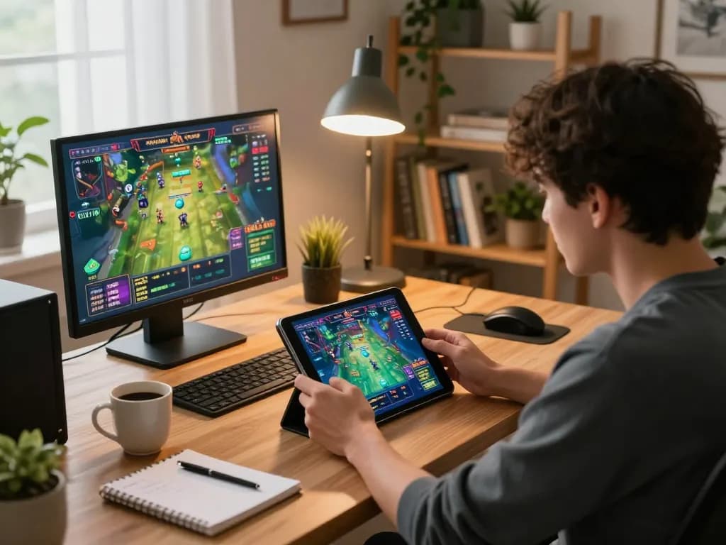Enjoy engaging situs slot gacor gameplay on a tablet while strategizing in a cozy home office