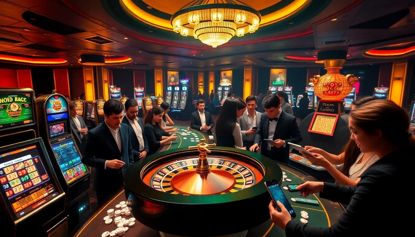 Players enjoy an exciting game at DEBET’s luxurious casino, featuring a vibrant roulette wheel and slot machines.