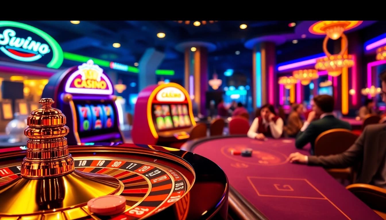 Experience the thrill of winning at 13Win's luxurious casino with vibrant slot machines and a roulette wheel.