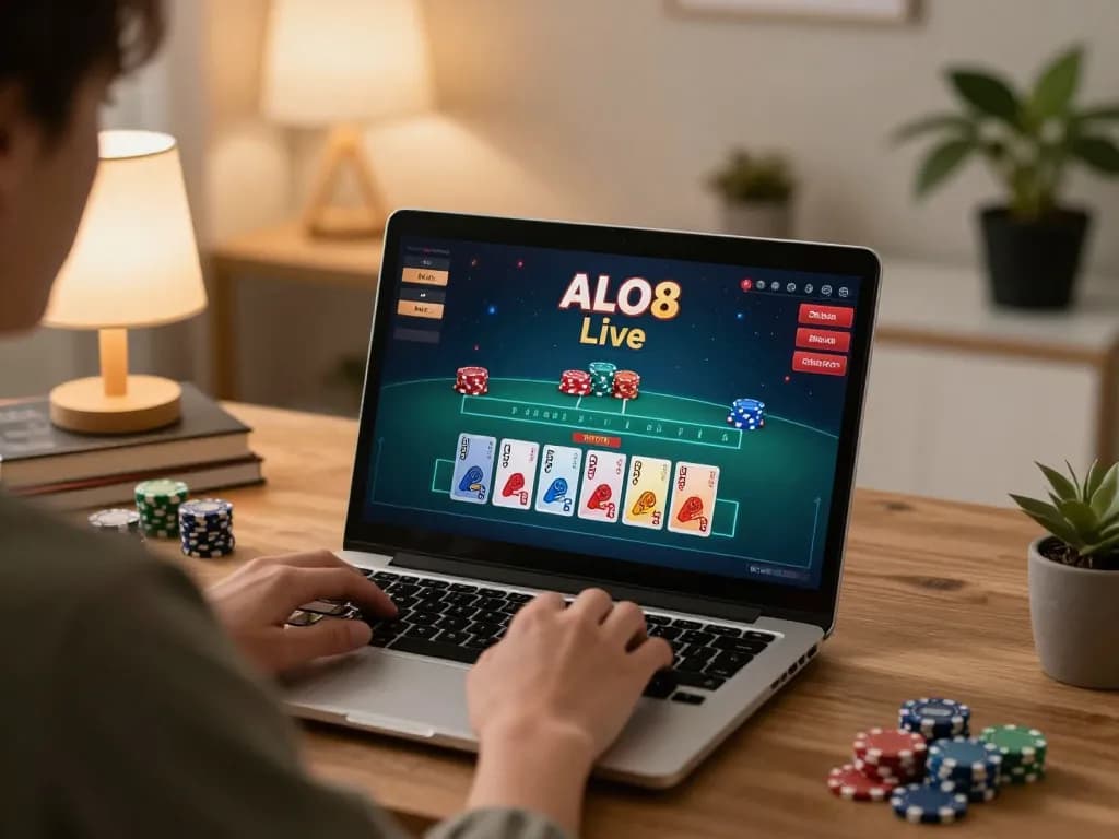 Engaging in ALO8 Live blackjack gameplay at home, showcasing strategy and technology.