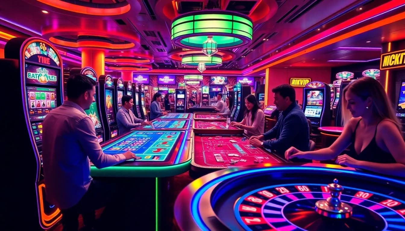 Players enjoying a thrilling game of Rikvip at a modern casino table, with vibrant slot machines in the background.