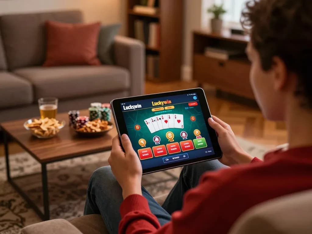 Enjoying online gaming on Luckywin app with snacks and cozy ambiance