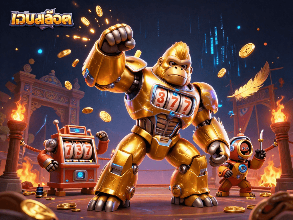 Engage with เว็บสล็อต in a vibrant 3D scene featuring a golden gorilla mech and dynamic elements.