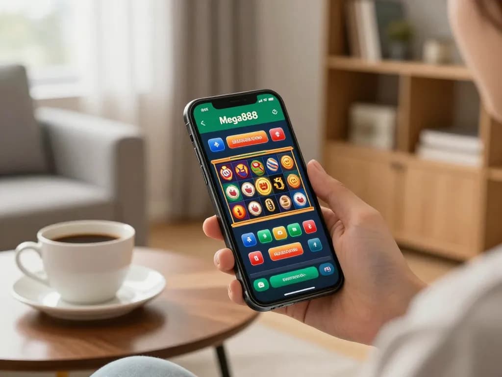 Engaging smartphone gaming with Mega888 hack potential in a cozy home setting.
