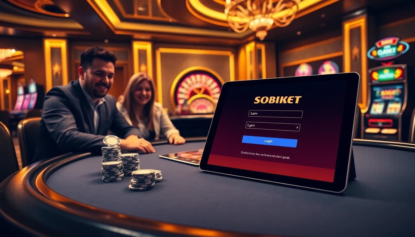 Sbobet login on a sleek digital tablet amid an exciting casino environment with poker chips and roulette.