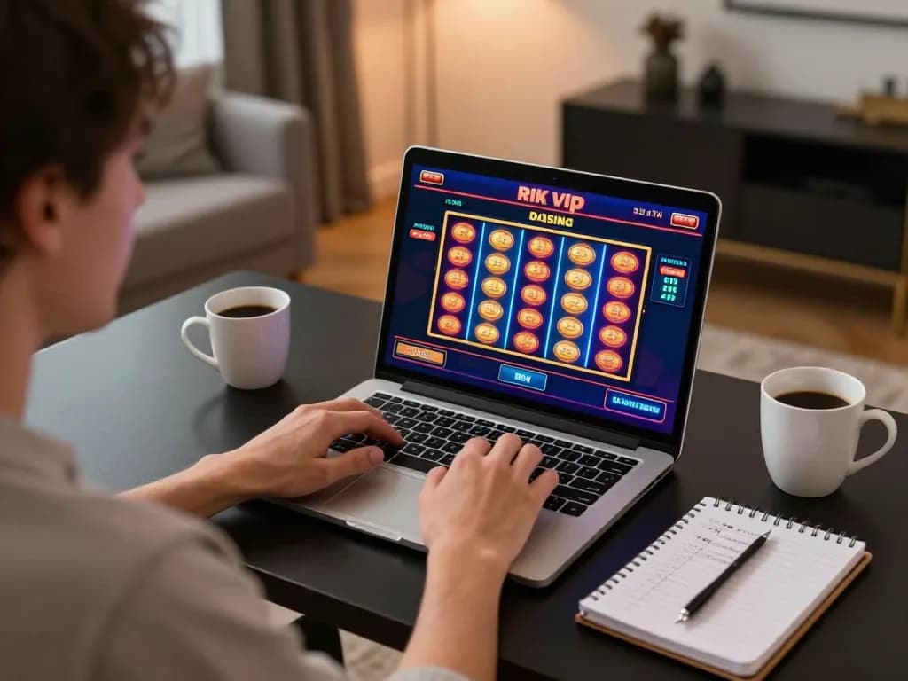 Player engaging with rik vip games on laptop, highlighting online casino excitement and strategy.