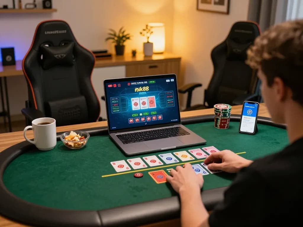 An enthusiastic player engages with the nk88 live dealer blackjack game on their laptop.