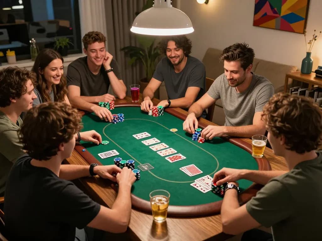 Engaged players enjoying a thrilling poker night at home while using strategies to win at Go 88.