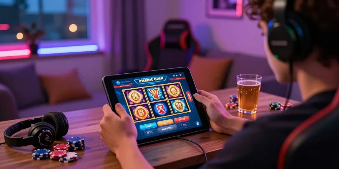 Engaging scene showcasing a player immersed in credit card casinos on a tablet, surrounded by gaming tools and vibrant decor.