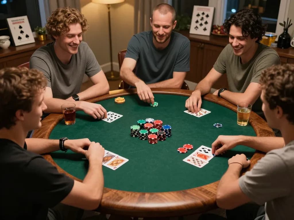 Friends engaging in a strategic poker game during a home night, showcasing RR88 KJC's social gambling experience with lively interactions.
