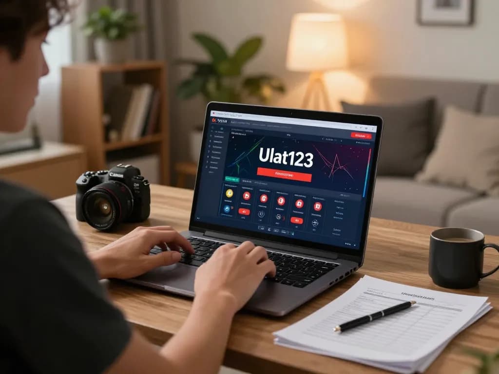 Pemain Ulat123 merancang strategi di laptop di ruang tamu yang nyaman, menunjukkan permainan yang bertanggung jawab.