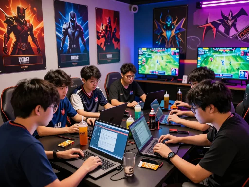 Dynamic esports betting scene at a Singapore gaming hub, showcasing excitement and strategy with gamers analyzing odds and live matches from https://gglbetsg.org/gglbet-sg/singapore-esports-betting-gu