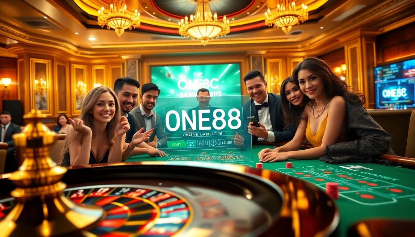 Engaging casino experience with players enjoying games at ONE88.COM, highlighting luxury and excitement.