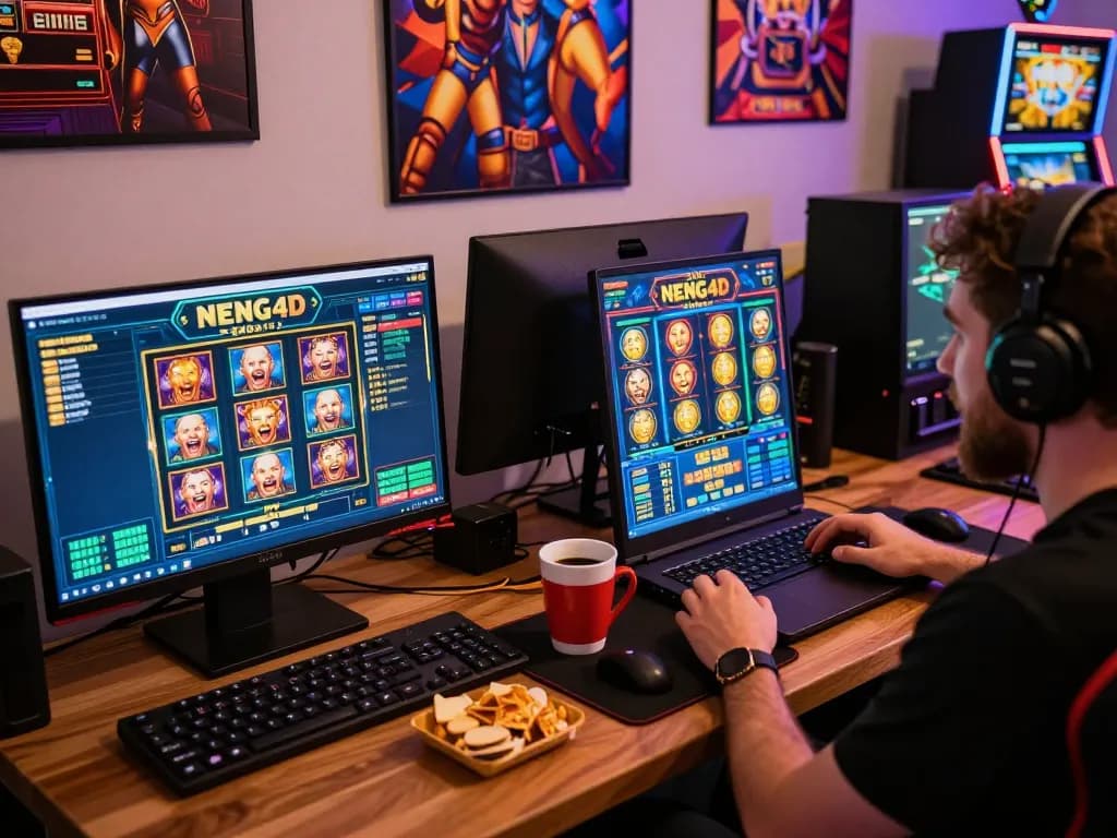 NENG4D slot player celebrating a win with laptop and snacks in a modern gaming setup