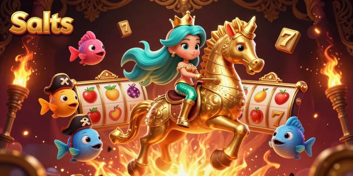 Experience Slots excitement with a colorful 3D illustration of a mermaid riding a seahorse amidst dynamic game elements.