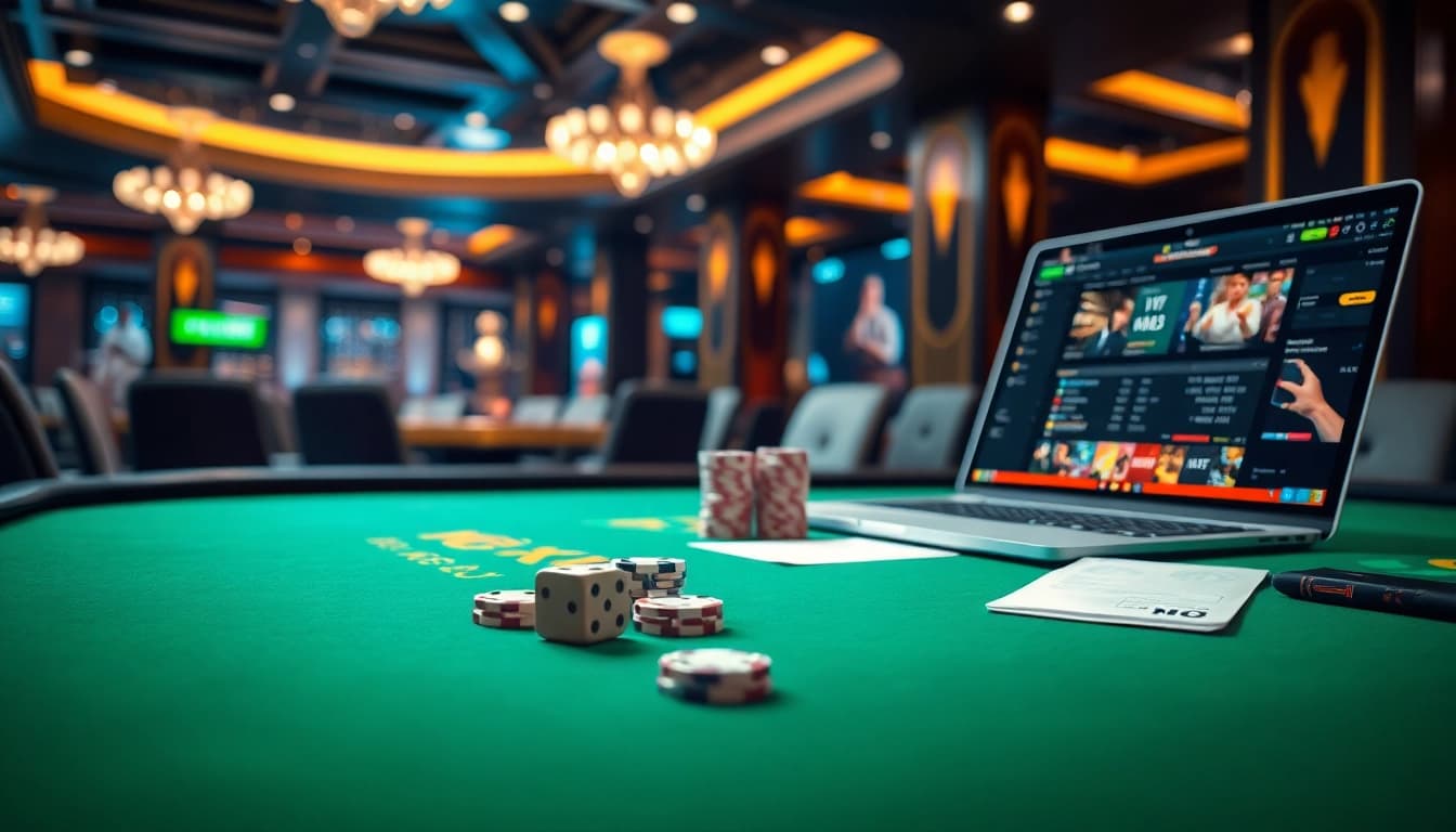 Tài xỉu md5 com betting table with polished dice and colorful poker chips in an elegant casino setting.