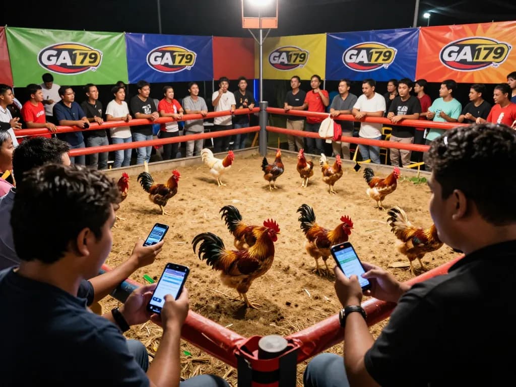 Exciting GA179 chicken fighting betting arena with fans cheering and engaging in live betting.