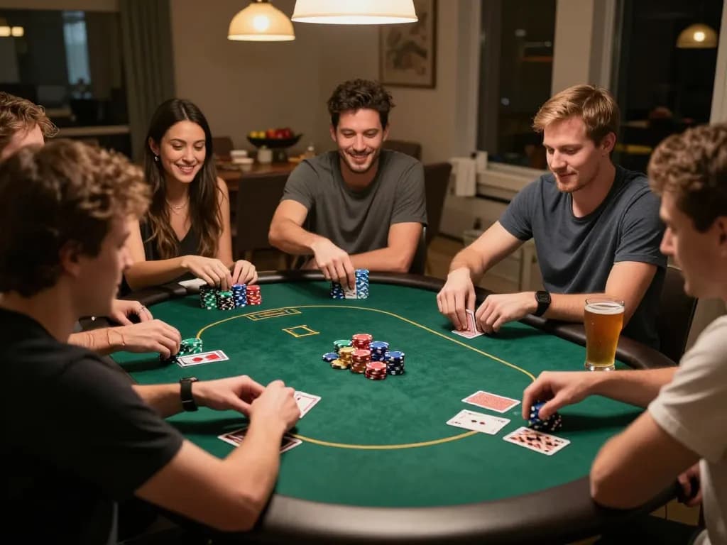 Friends enjoying a poker game at home, showcasing a vibrant poker table scene with lively interaction, f8beta2 gaming experience.
