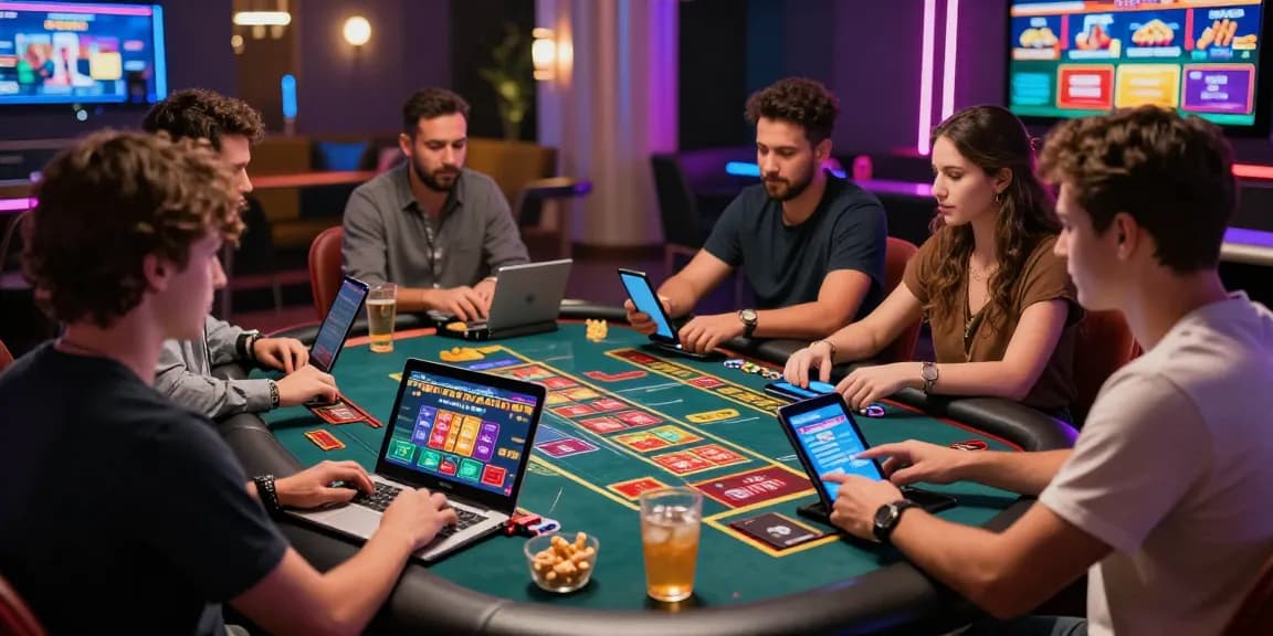Dynamic gaming scene showcasing players enjoying credit card casinos with vibrant gaming displays and interactive devices.