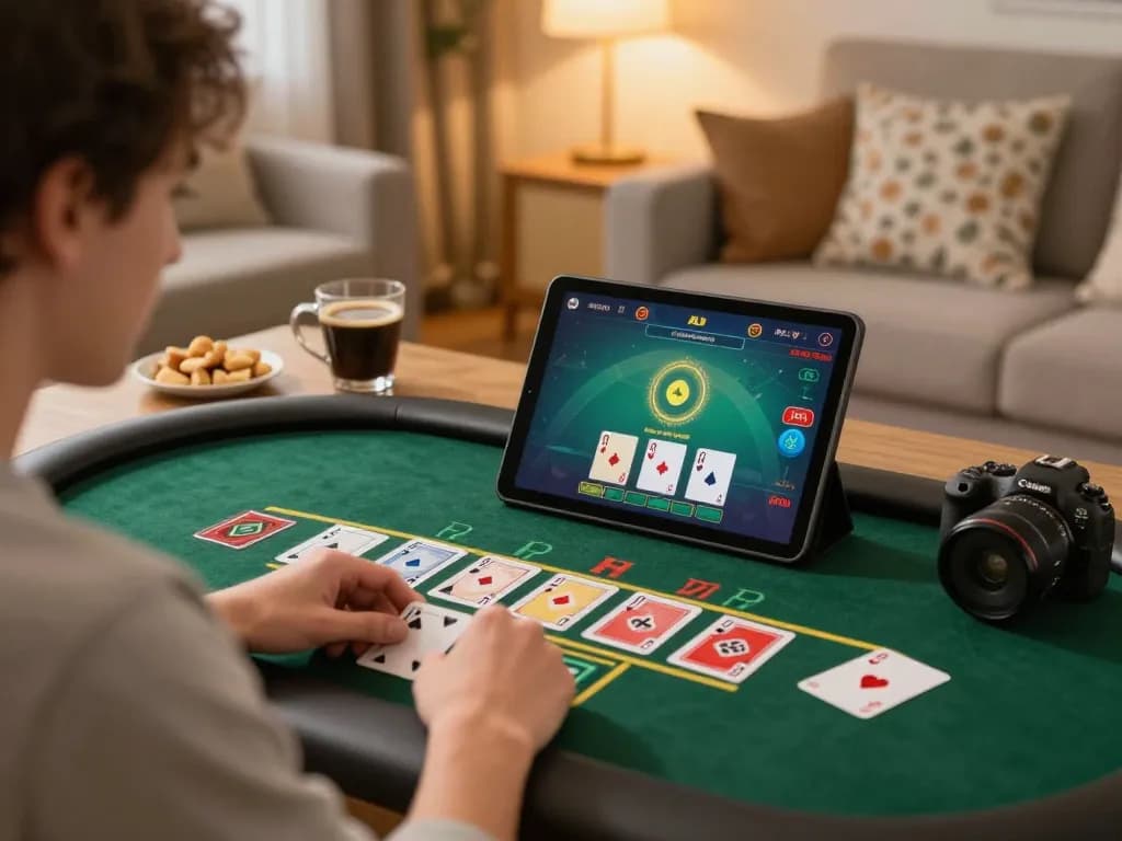 Player enjoying a blackjack game on a tablet at home while managing bankroll with gg 88 strategy